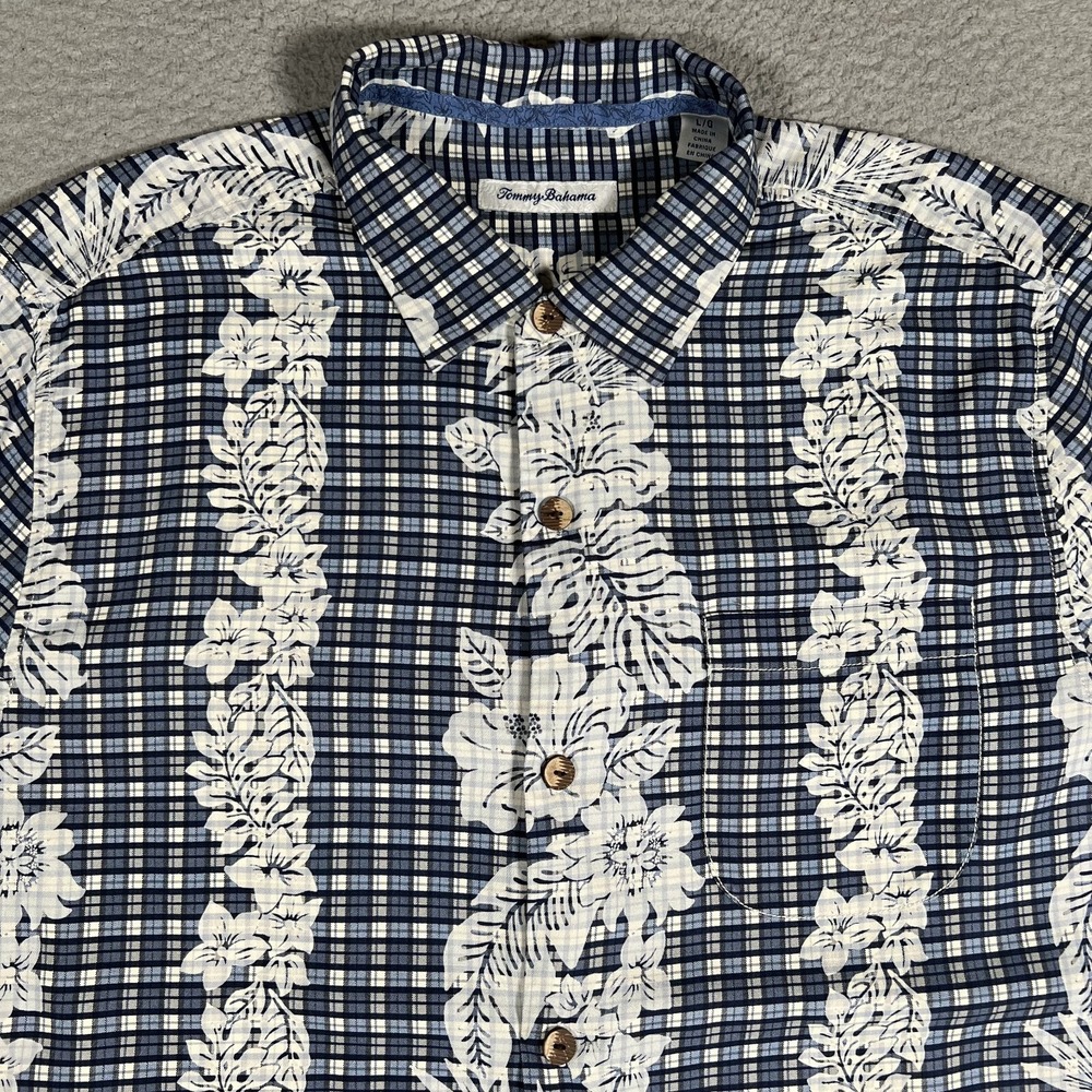 Tommy Bahama Shirt Mens Large Blue Floral Plaid 100% Silk Casual Preppy Pocket